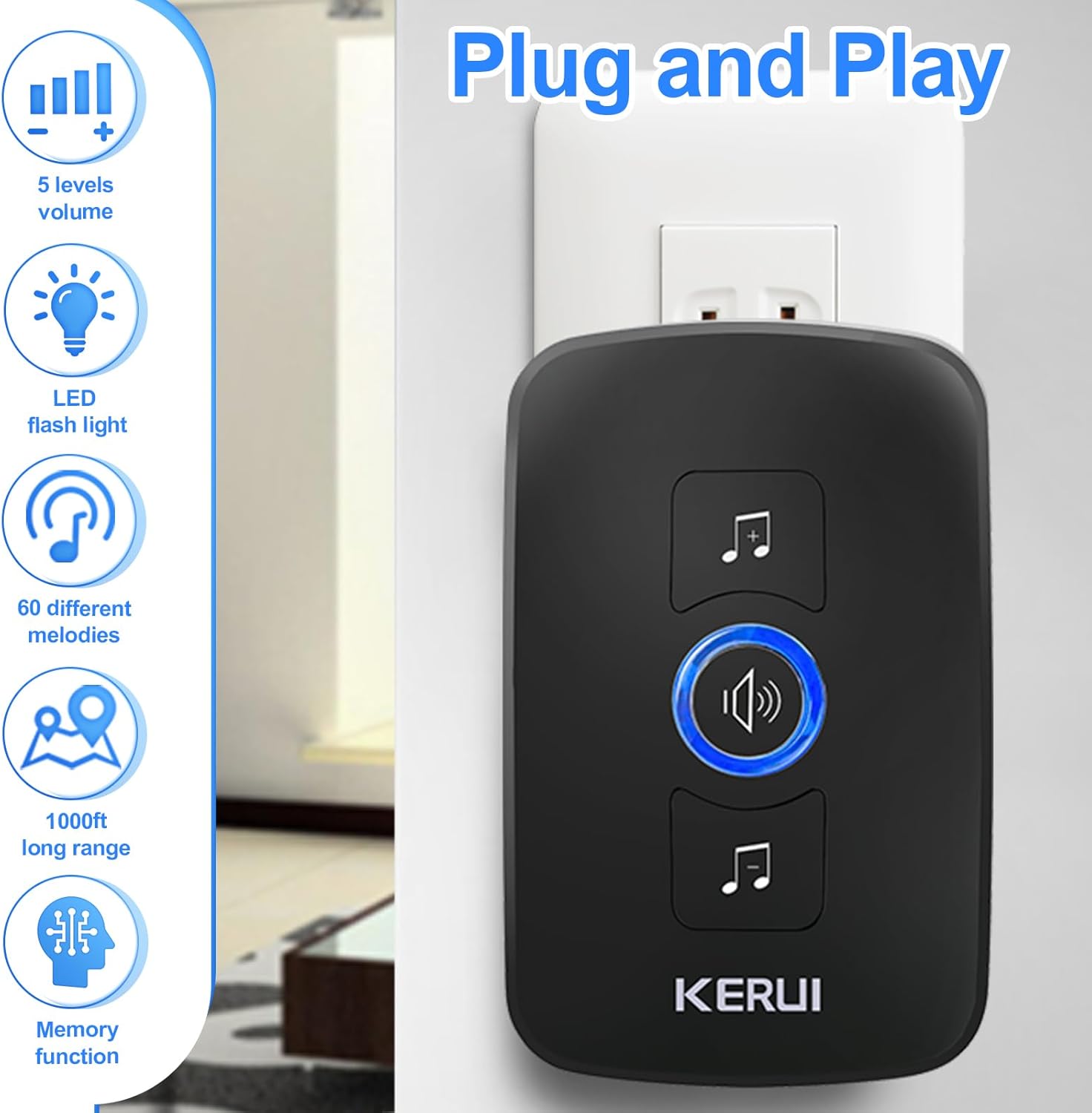 KERUI Wireless Doorbell Door Bell Chime 5 Volume Levels 60 Chimes Door Bells 1000ft Long Range Doorbell Kit with LED Flashing - Image 2